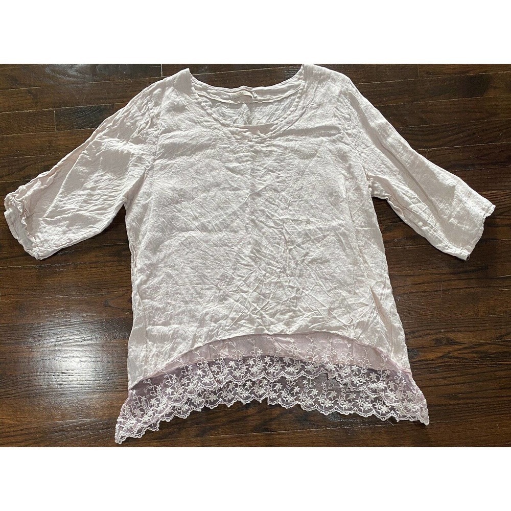 Stella Martini Italian Blush Linen Tunic Elbow Sleeve Blouse Size 1X Lace Hem